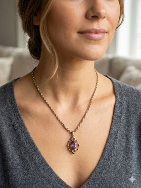 Gold Pendant Necklace with Purple Gemstone